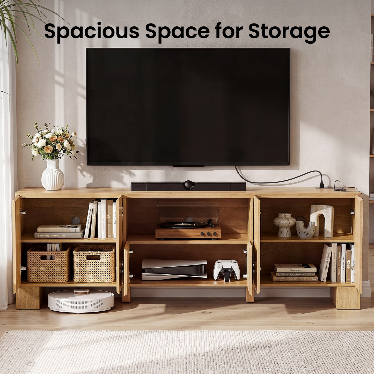 Galileo 70" Modern TV Stand with Outlet and Storage Cabinet,Natural Oak