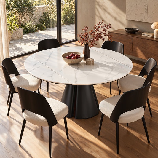 51.18" Round Extendable Dining Table, Modern Glossy Sintered Stone Kitchen Table
