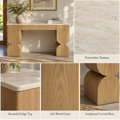 Collage of a light wood console table with a pale stone top and curved pedestal legs.