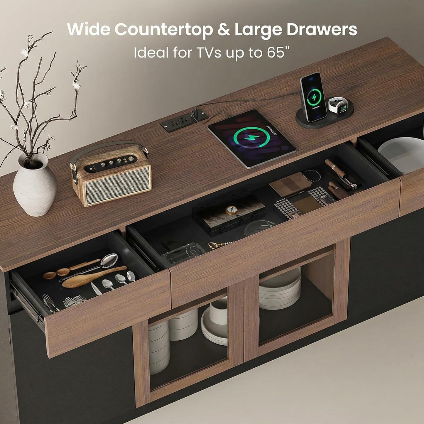 Whisper Series 60" Buffet Cabinet with LED, Glass Doors & Storage