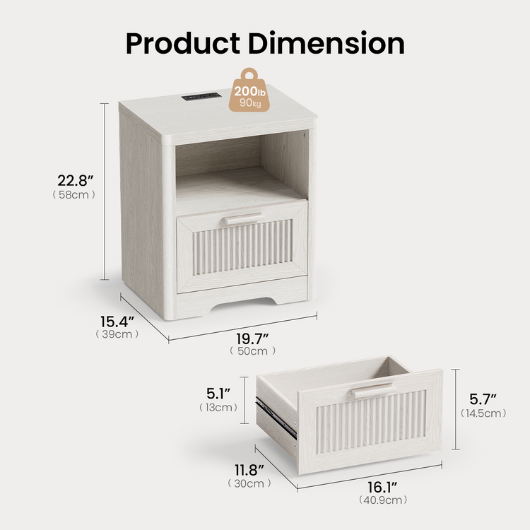 Dimension diagram of white nightstand with open shelf and ribbed drawer, Separate open drawer view appears below