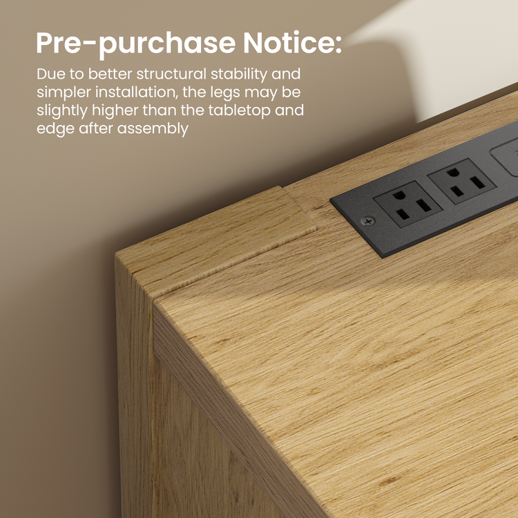 Close-up of a wooden tabletop with a black outlet panel; overlaid notice says the legs may sit slightly higher than the tabletop edge after assembly.