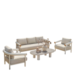 Cutout outdoor set with one light sofa, two chairs, and a coffee table on black
