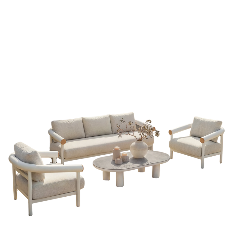 Cutout outdoor set with one light sofa, two chairs, and a coffee table on black