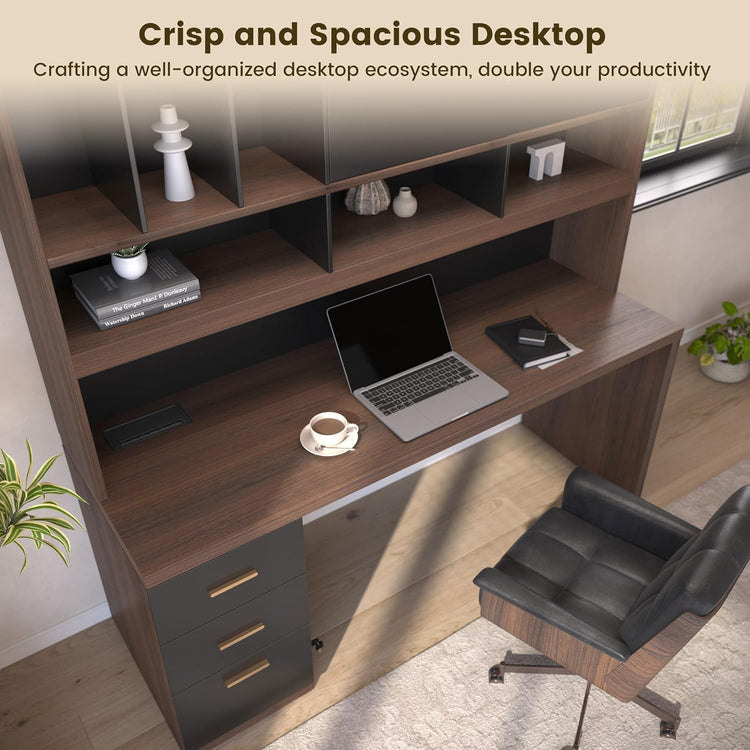 A dark wood desk with an attached shelving hutch, drawers, laptop, and office chair is shown from above with headline