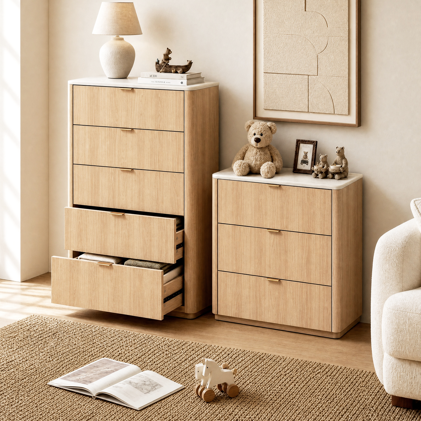 48" Tall 5 Deep Drawer Dresser for Bedroom, Modern Chest of Drawers with Faux Travertine Top