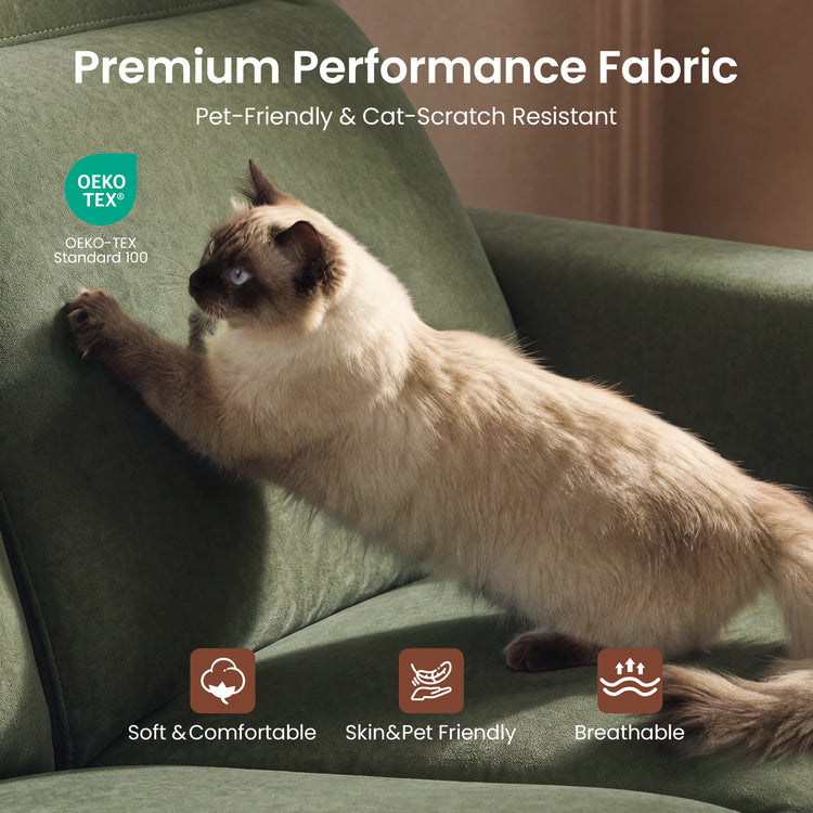 Cat scratching a green chair beside text advertising premium, pet-friendly fabric.