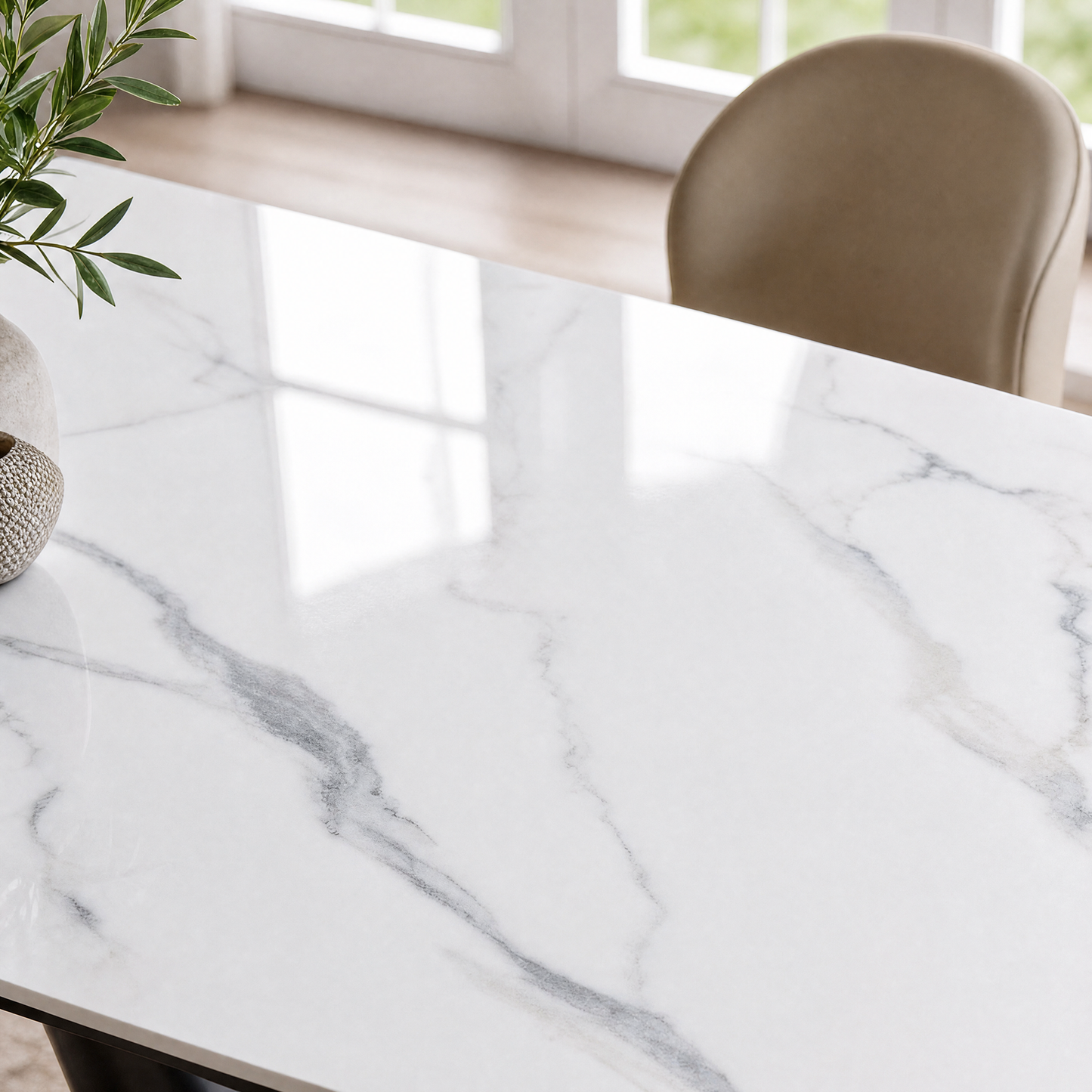 78" Glossy Sintered Stone Dining Table – Snow Mountain Pattern with V-Shaped Metal Base (6-8 Seater)