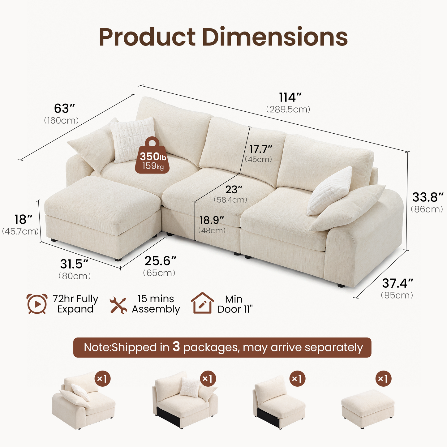 Rialto Modular Chenille L-Shape Sofa with Storage Ottoman,Beige