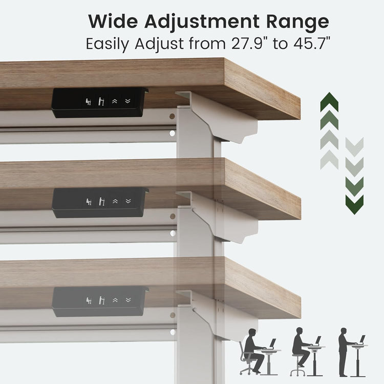 Three ghosted desk positions illustrate the vertical travel of a light wood height-adjustable desktop with a control panel