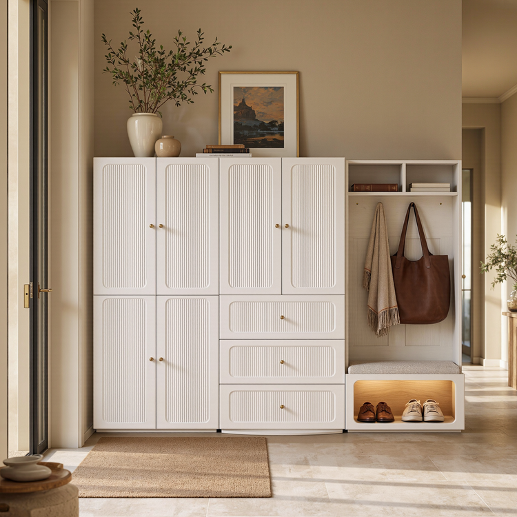 Entryway storage wall combines six fluted doors, three drawers, open shelves, hooks, a bench, and a lit shoe cubby
