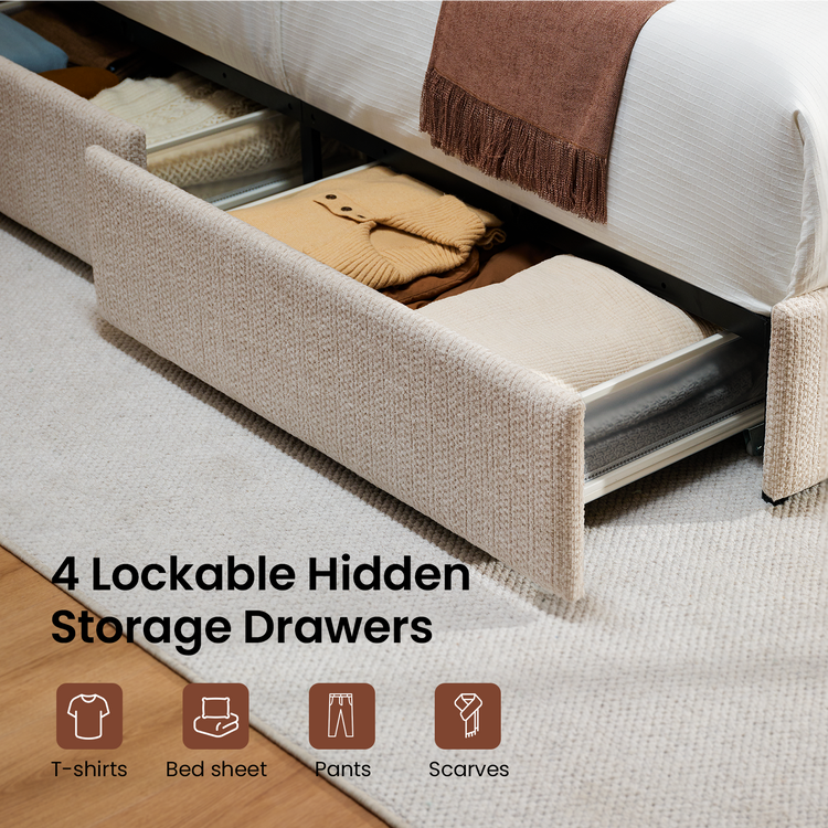 Tareya Queen Upholstered Bed Frame with 4 Storage Drawers, Beige