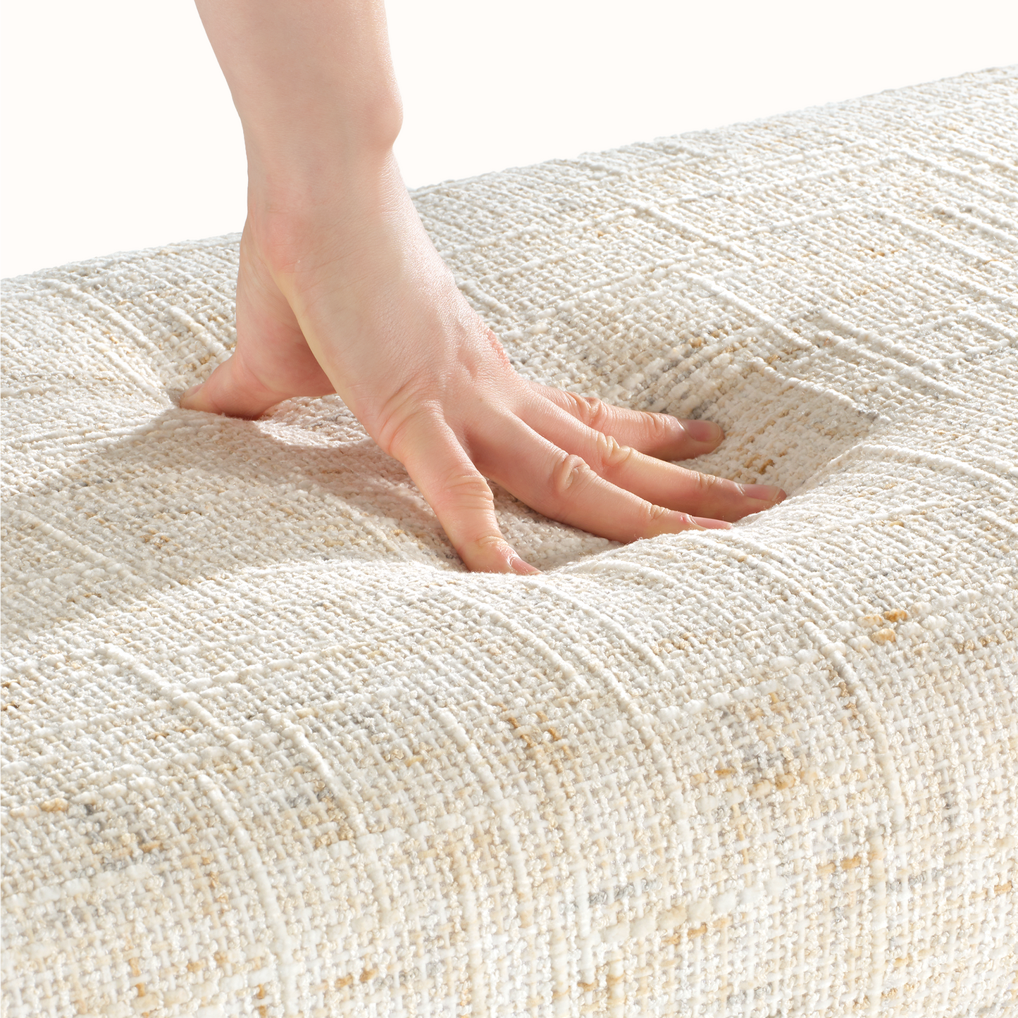 Freya Upholstered Bench, Sandstone Beige – Faux Travertine Base & Leather Accents