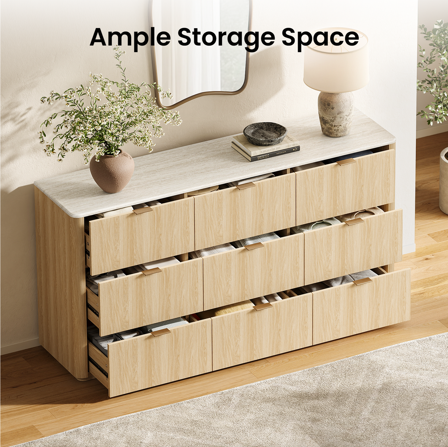 Travertine Fluted 9-Drawer Dresser, Natural
