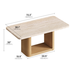 Diagram of a rectangular table with a lower open shelf, labeled 72.2 in long, 38.1 in wide, 30 in high, with a 39.5 in base width and 19.9 in base depth.