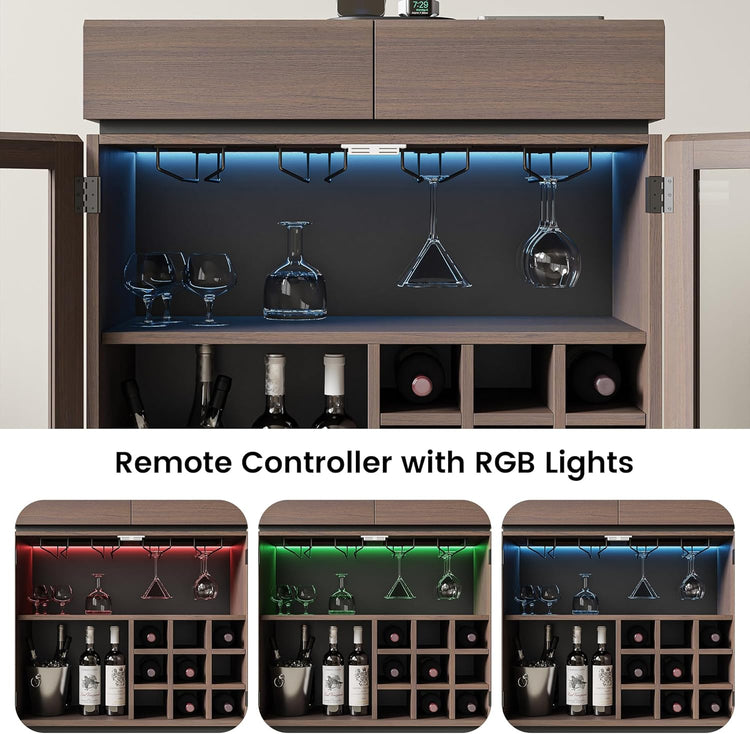 Whisper Series 33.6" Coffee Bar Cabinet with LED, Charging & Wine Rack, Walnut