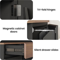 Three close-ups show hinge, cabinet-door catch, and drawer-slide hardware