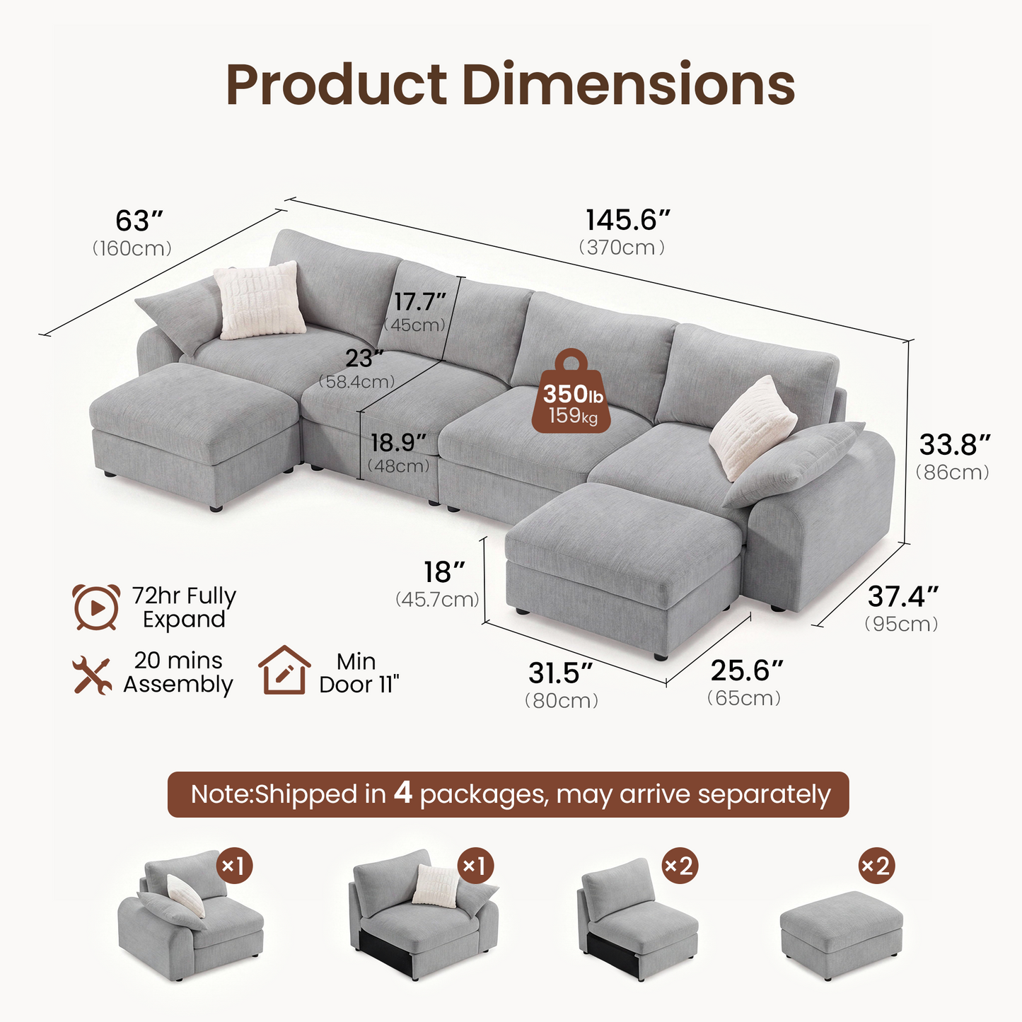 Rialto Modular Chenille U-Shape Sofa with Storage Ottoman,Gray