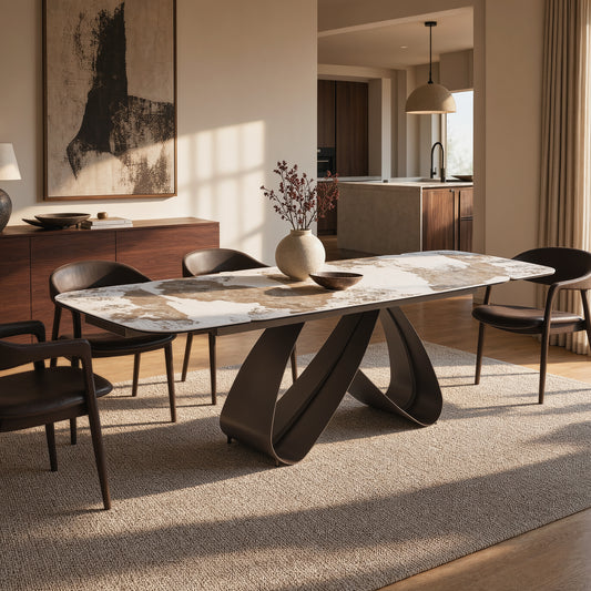 70.9"-102.4" Extendable Dining Table, Pandora Glossy Sintered Stone Modern Kitchen Table with Ribbon Loop Base