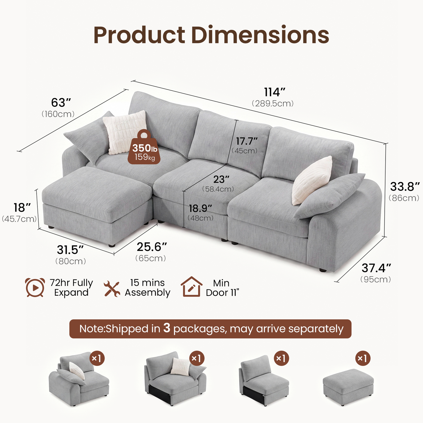 Rialto Modular Chenille L-Shape Sofa with Storage Ottoman,Gray