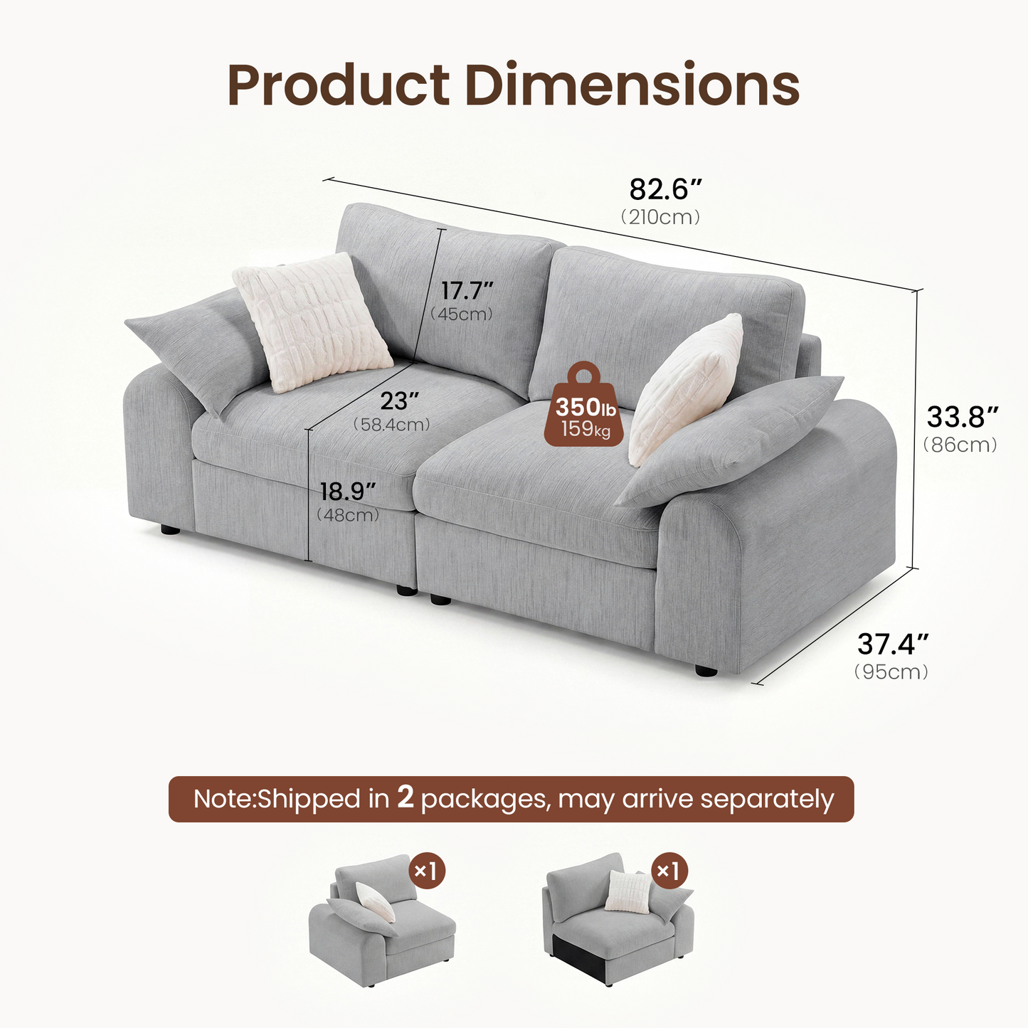 Rialto Modular Chenille Loveseat Sofa with Curved Armrests,Gray