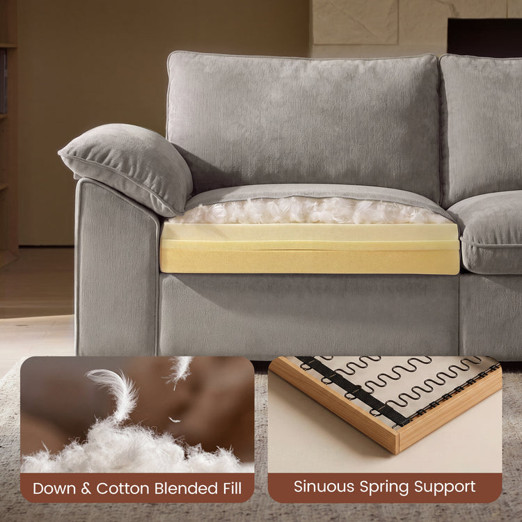 Cutaway view of a gray sofa seat showing loose white fill, two foam layers, and a spring support inset