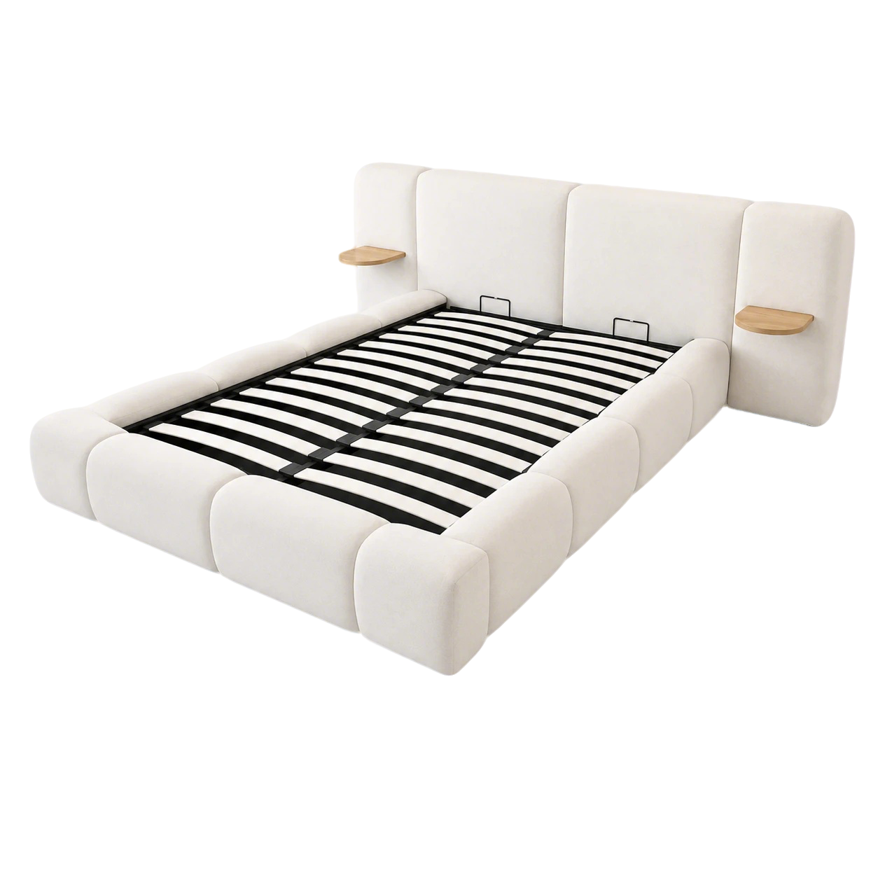 Cloud Cream King Lift-Up Storage Bed Frame with Built-in Nightstands