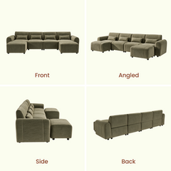 Front, angled, side and back views of an olive-green sofa with four back cushions, four small pillows, rounded arms and two matching footstools positioned at the outer seats.