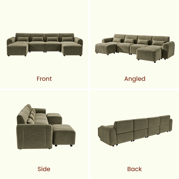 Front, angled, side and back views of an olive-green sofa with four back cushions, four small pillows, rounded arms and two matching footstools positioned at the outer seats.
