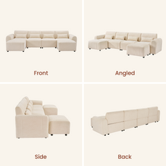 Front, angled, side and back views of a cream sofa with four back cushions, four small pillows, rounded arms, short black feet and two matching ottomans positioned at the ends.
