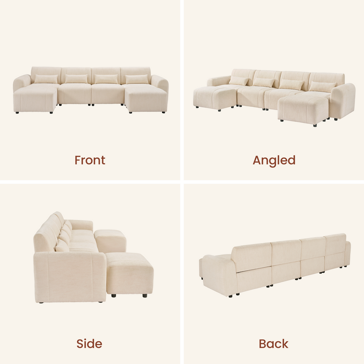 Front, angled, side and back views of a cream sofa with four back cushions, four small pillows, rounded arms, short black feet and two matching ottomans positioned at the ends.