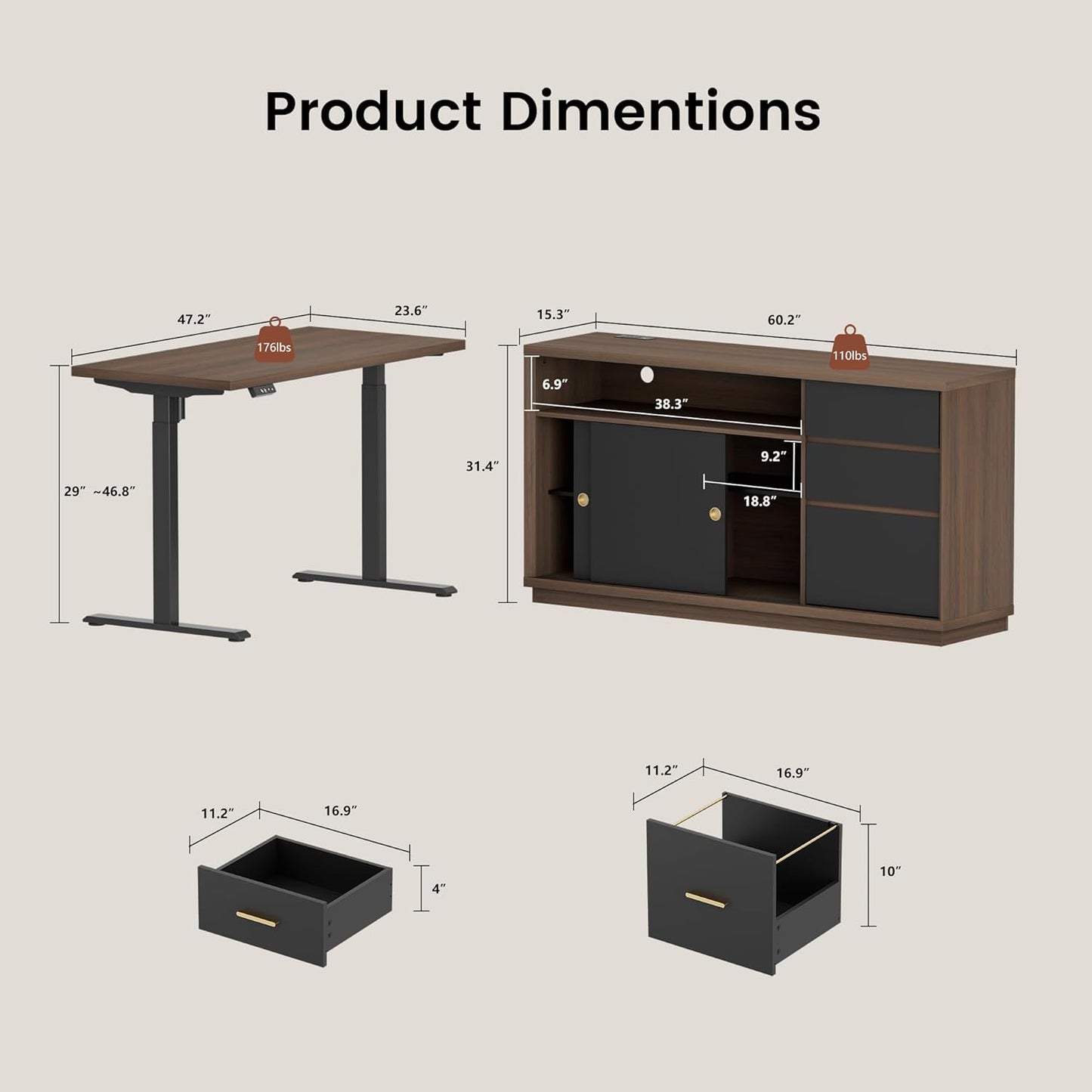 47" Electric Standing Desk with 60" Storage 3 Drawers File Cabinet