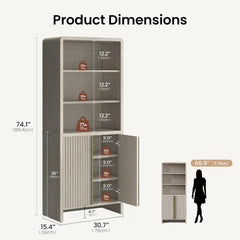 Dimension and capacity diagram of a tall pale cabinet with open shelves above two lower doors