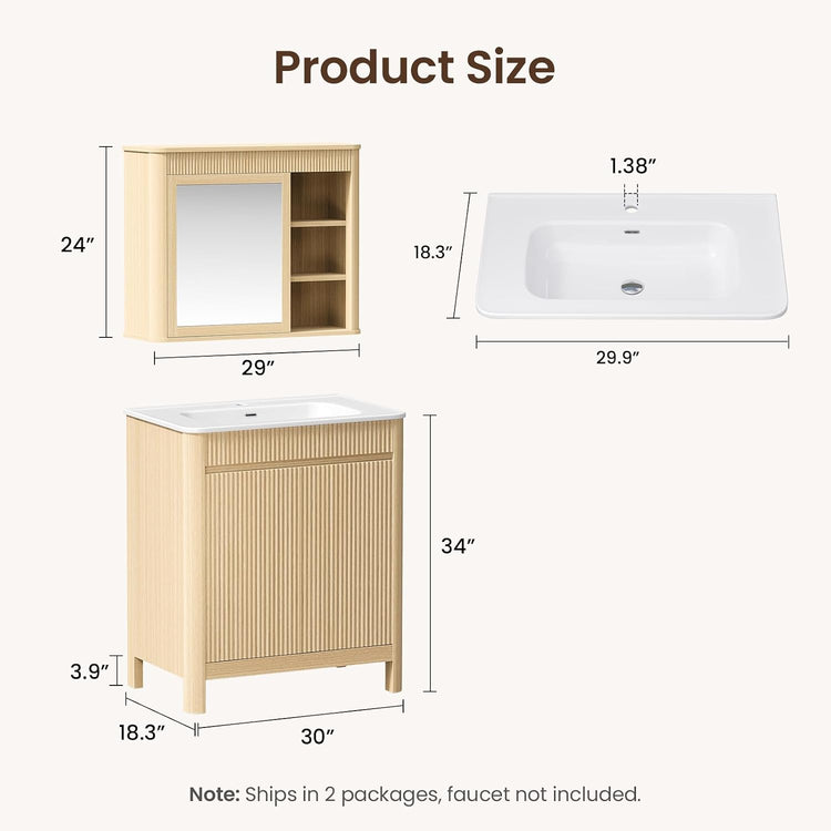 30" Freestanding Bathroom Vanity with Sink, Mirror Medicine Cabinet