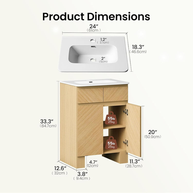 24" Bathroom Vanity with Sink, Freestanding Wood Bathroom Sink Cabinet