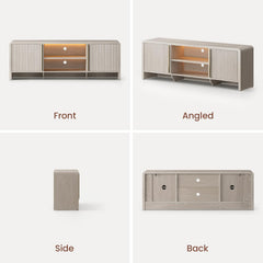Wood-toned media console shown from front, angled, side, and back views
