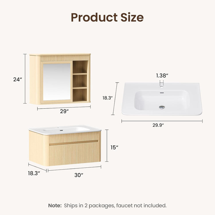30" Floating Bathroom Vanity and Mirror Medicine Cabinet Combo, Fluted Solid Wood Wall Mounted Set