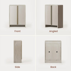 Four views show a narrow pale cabinet with fluted double doors, a dark inset top, and a plain wood back