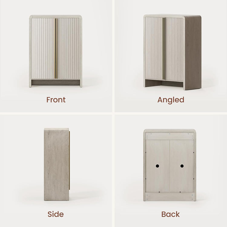 Four views show a narrow pale cabinet with fluted double doors, a dark inset top, and a plain wood back