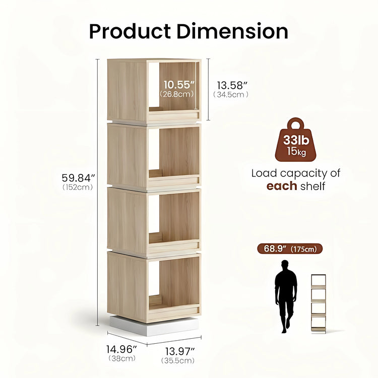 4-Tier 360° Rotating Bookshelf Tower, 59" Wood Organizer Light Walnut