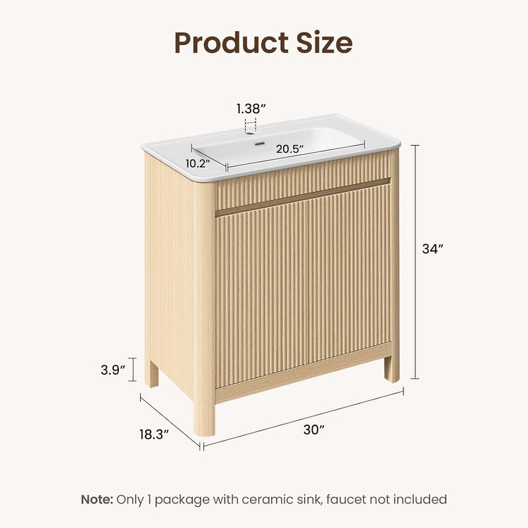 30" Freestanding Bathroom Vanity with Sink, Solid Wood Legs & Fluted Panel