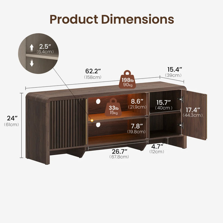 Fluted TV Stand 62" Media Console with LED, Caly Wood Storage Cabinet-Black Walnut