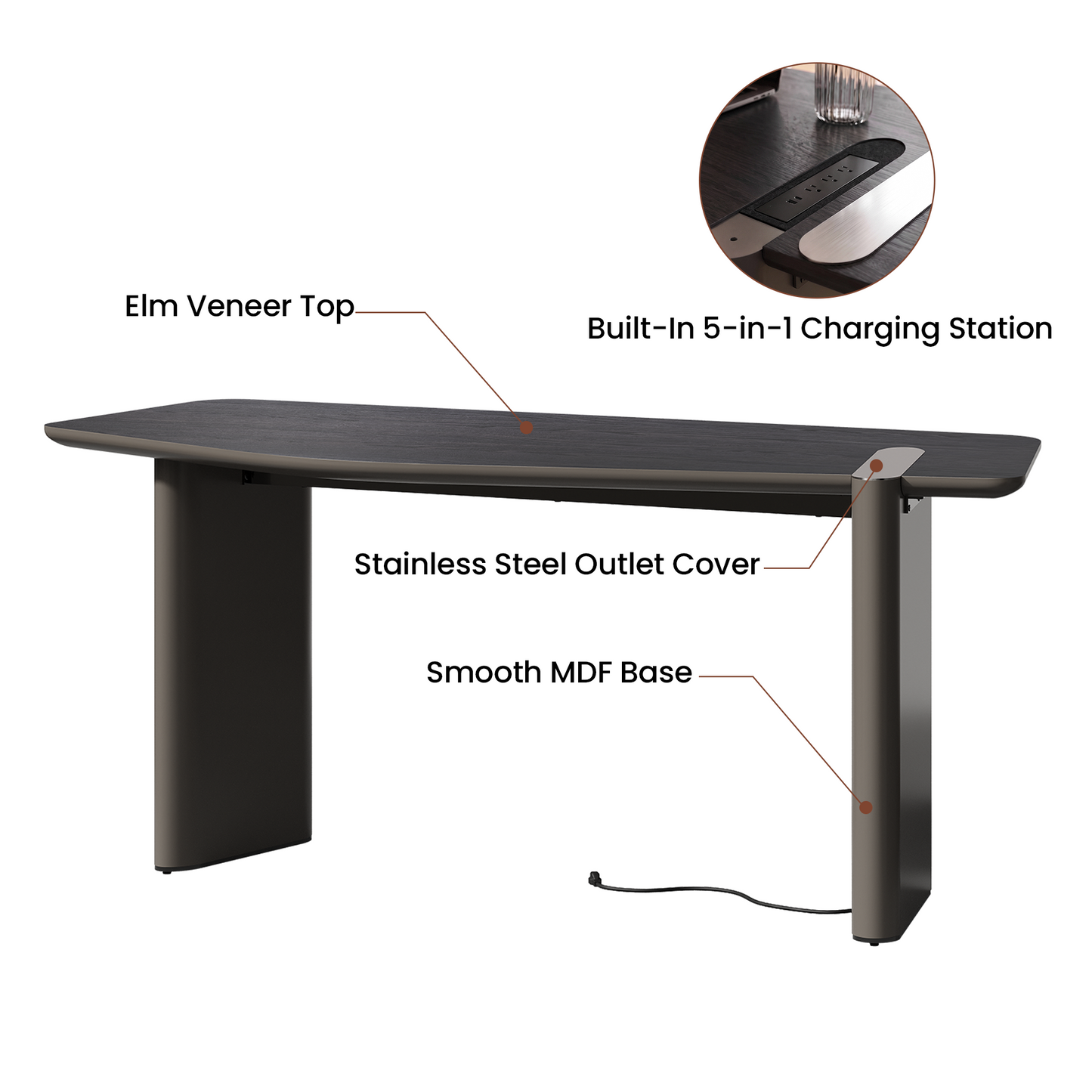 [Pre-Sale] 63-Inch Wide Black Elm Veneer Executive Office Desk with Built-In Charging Station