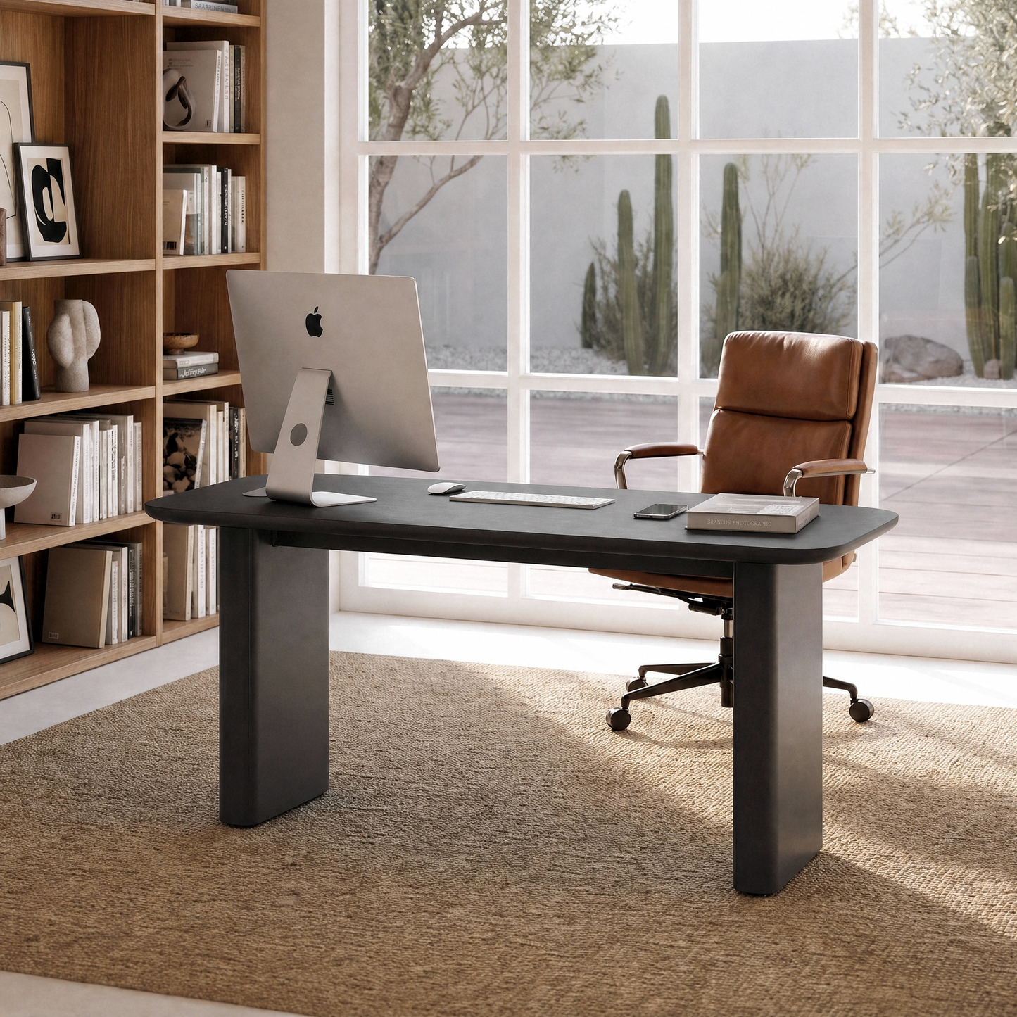 [Pre-Sale] 63-Inch Wide Black Elm Veneer Executive Office Desk with Built-In Charging Station