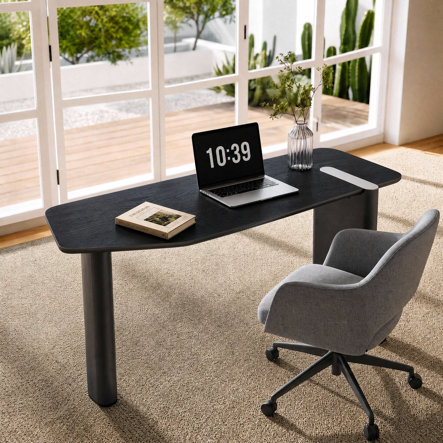 [Pre-Sale] 63-Inch Wide Black Elm Veneer Executive Office Desk with Built-In Charging Station