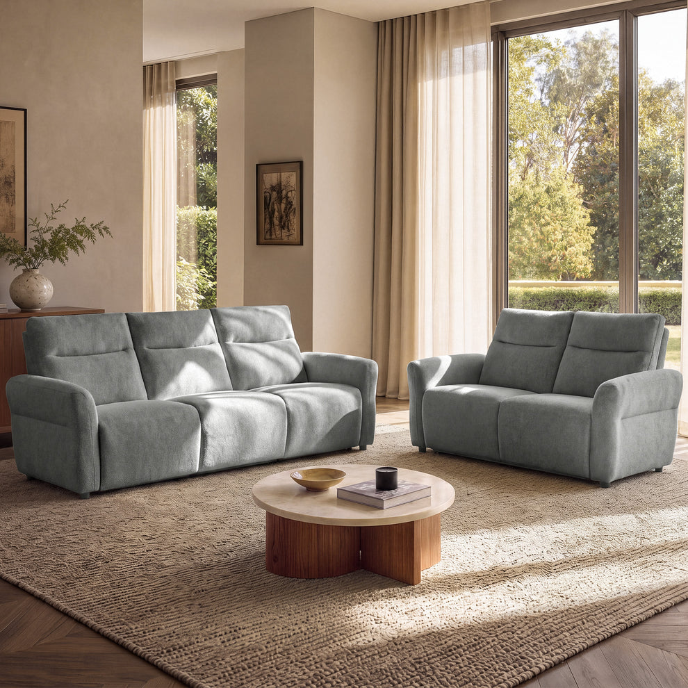 Linnea Gray Textured Fabric Manual Reclining 3-Seat and Loveseat Sofa Set