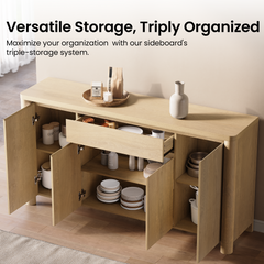 Open light wood sideboard shows multiple cabinets, shelves, and a central drawer