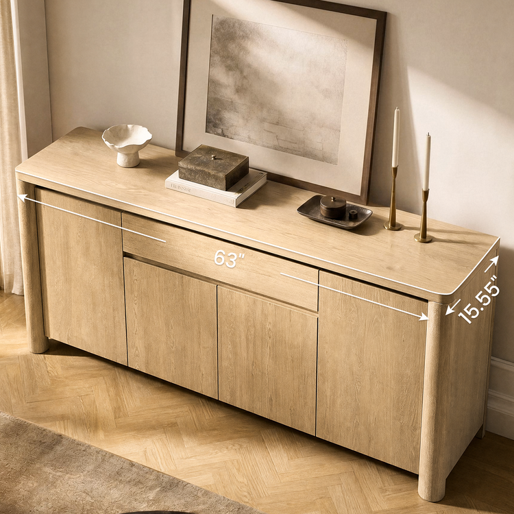 Light wood sideboard in a room has width and depth measurement arrows overlaid