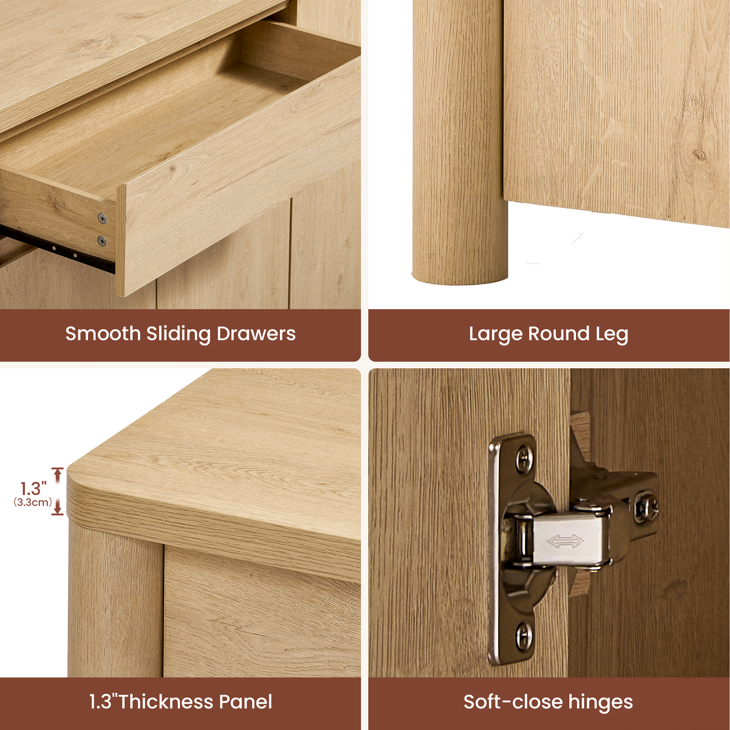 63" Sideboard Cabinet with Thick Top, Rounded Corners & Legs