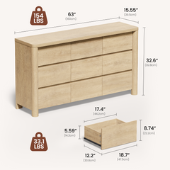 Dresser shows 63 in width, 15.55 in depth, and 32.6 in height